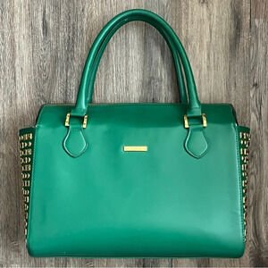 IMAN Faux Leather Purse Tote Handbag Green Gold Studded Designer Luxury Classic